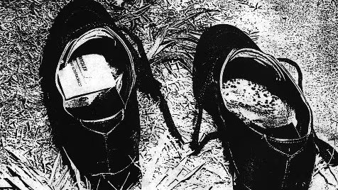 A pair of black shoes placed on grass, one shoe showing a visible label inside, and the other revealing a worn insole.